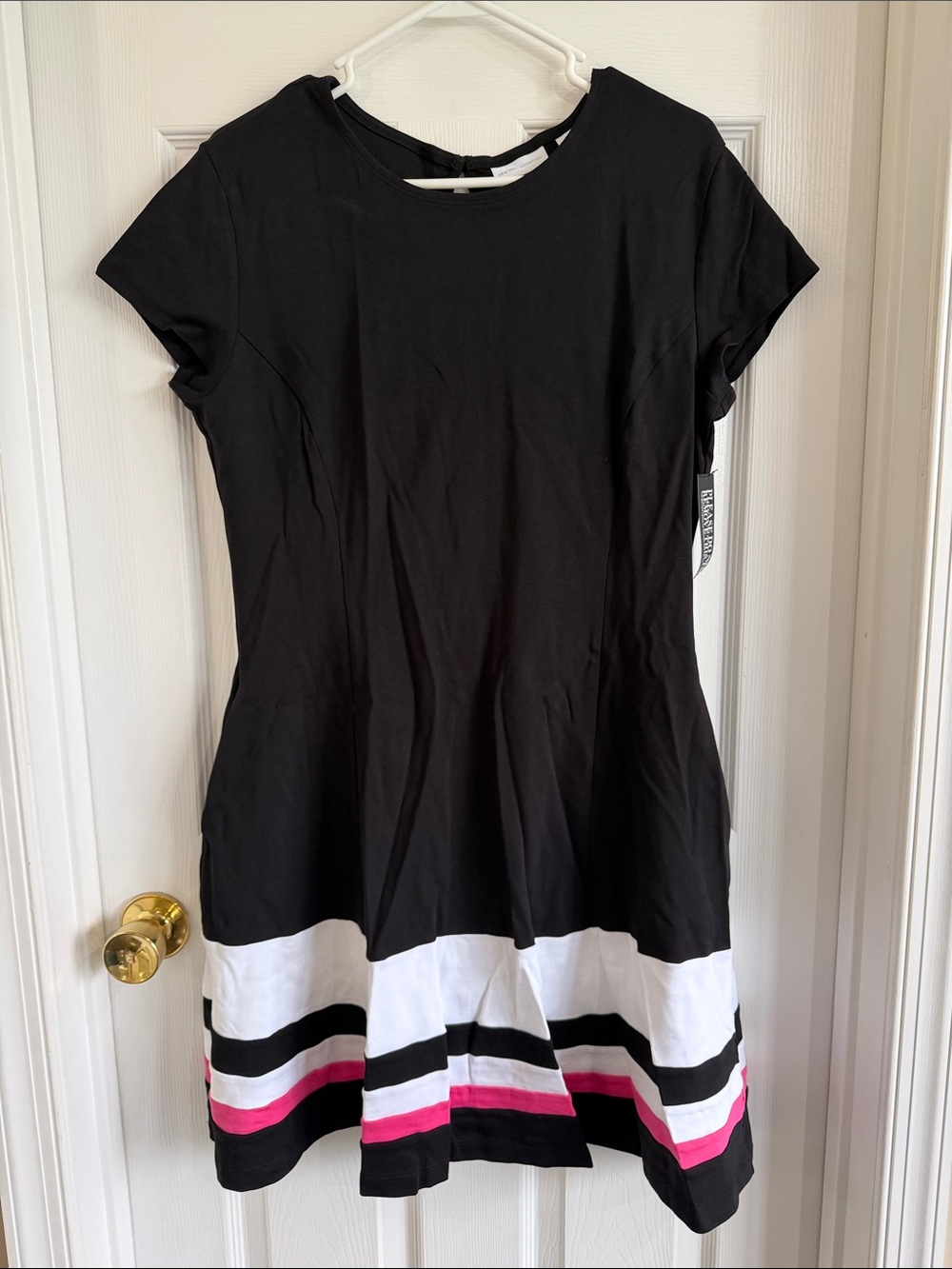 NWT New York & Company Black Mini Dress with White and Pink Hem Stripes